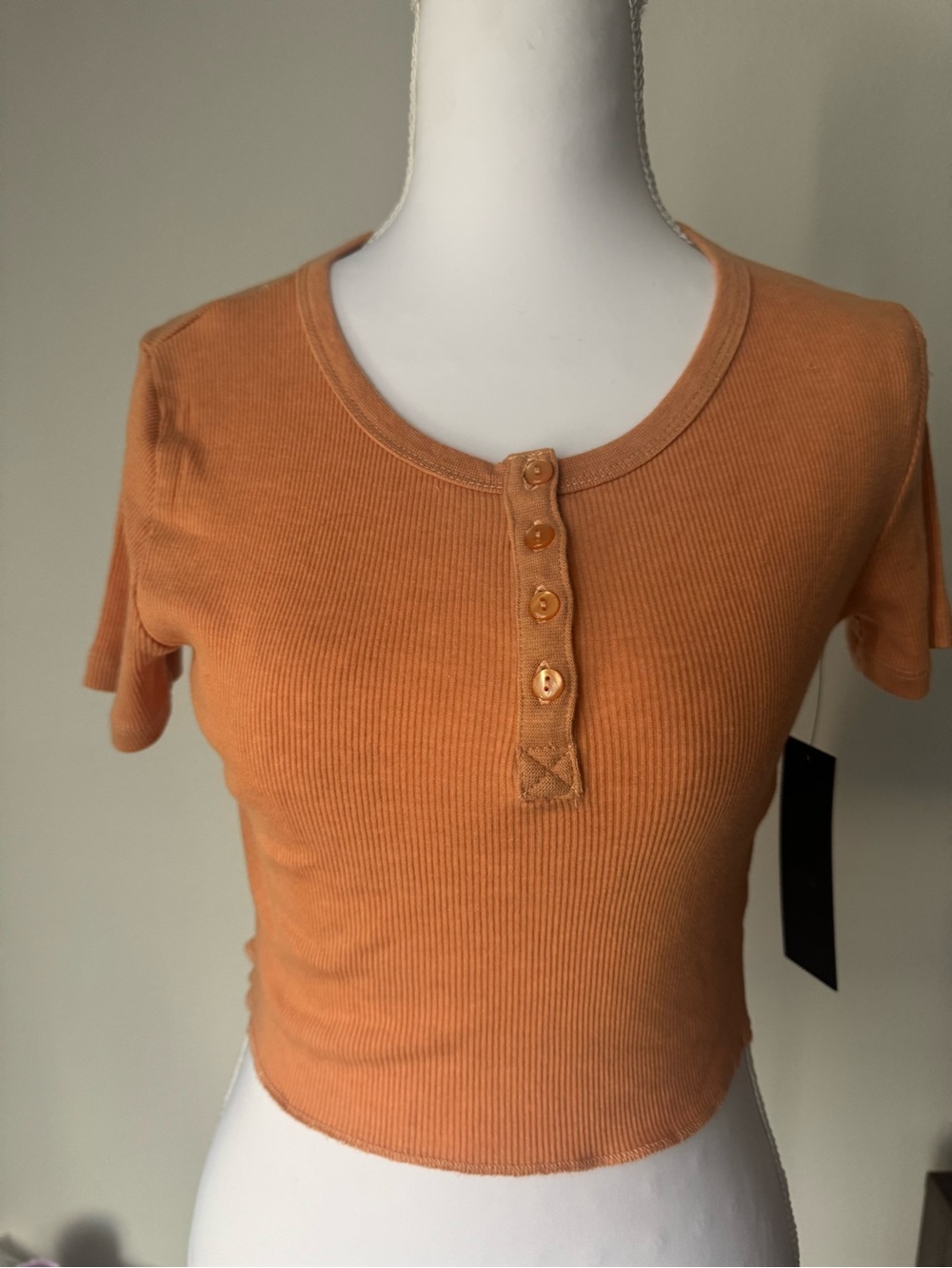 New Mono B Ribbed Henley Crop Top - Orange small medium